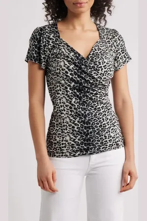 Loveappella Leaopard Print Faux Wrap Top in at Nordstrom, Size Small