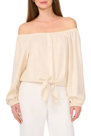 Vince Camuto Off the Shoulder Tie Hem Button-Up Top in at Nordstrom, Size Large