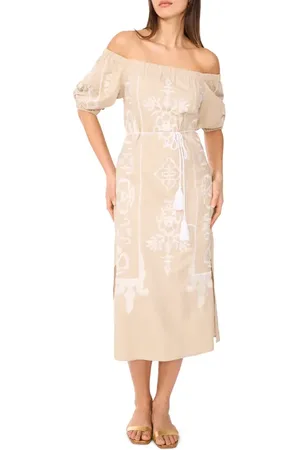 Vince Camuto Embroidered Off the Shoulder Linen Blend Dress in at Nordstrom, Size Medium