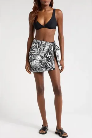 Farm Rio Monochrome Elegance Scarf Print Cover-Up Wrap Miniskirt in at Nordstrom, Size Large