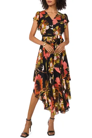 Vince Camuto Floral Print Flutter Sleeve Asymmetric Midi Dress in at Nordstrom, Size Large