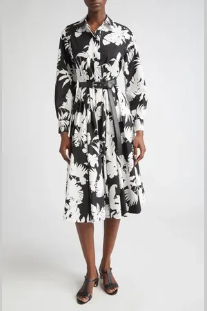 Max Mara Floral Silhouette Print Long Sleeve Cotton Poplin Midi Shirtdress in at Nordstrom, Size 14