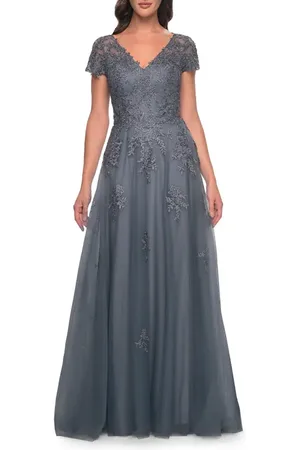 La Femme A-Line Tulle Gown with Lace Applique and Short Sleeves in at Nordstrom, Size 14