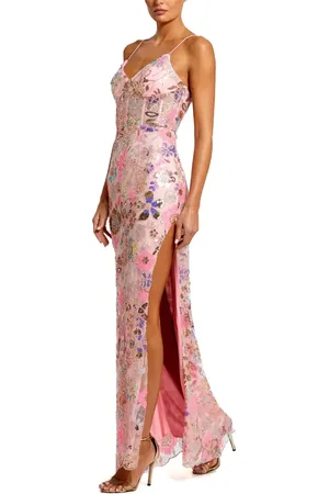 Mac Duggal Hand-Embellished Spaghetti Strap Bustier Applique Gown with Thigh-High Slit in at Nordstrom, Size 4