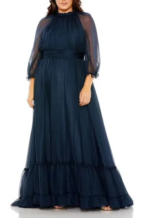 Mac Duggal Elegant Ruffled High Neck Gown with Sheer Sleeves and Pleated Cummerbund in at Nordstrom, Size 14W