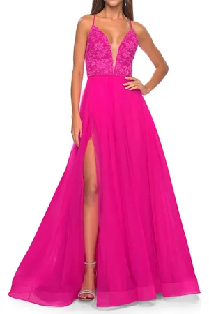La Femme Illusion Lace Bodice A-Line Tulle Prom Dress with Slit in at Nordstrom, Size 16