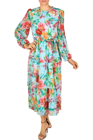 Julia Jordan Tie Waist Tiered Long Sleeve Midi Dress in at Nordstrom, Size 2