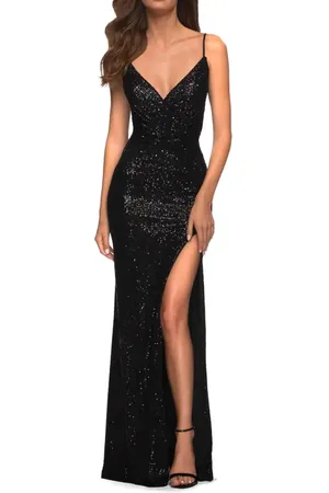 La Femme Long Sequin Gown with Wrap Style Top and Slit in at Nordstrom, Size 00