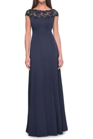 La Femme A-Line Satin Dress with Stunning Beaded Neckline and Short Sleeves in at Nordstrom, Size 16