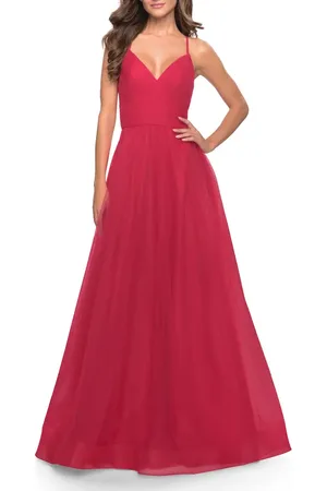 La Femme Long Tulle A-line Gown with Side Slit and Pockets in at Nordstrom, Size 8