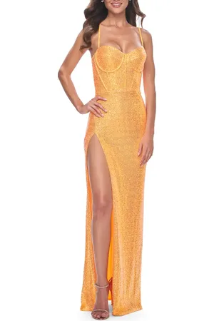 La Femme Bustier Sequin Neon Prom Dress with Lace Up Back in at Nordstrom, Size 16