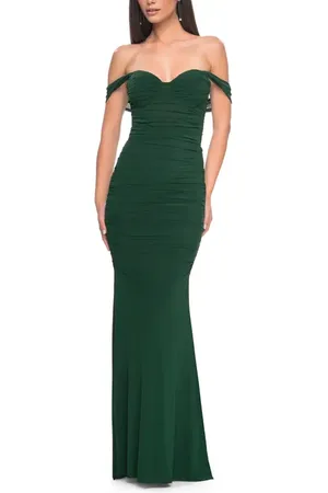 La Femme Off the Shoulder Net Jersey Dress with Ruching in at Nordstrom, Size 00