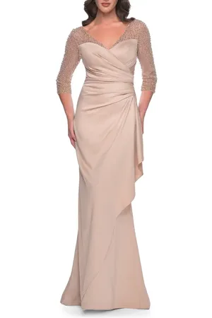 La Femme Stunning Satin Dress with Gathered Waist and Beaded Illusion Sleeves in at Nordstrom, Size 2