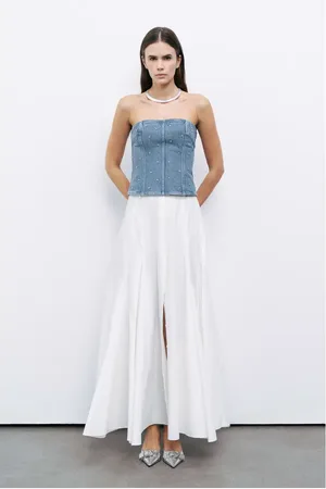 Nocturne Stoned Strapless Denim Crop Top in at Nordstrom, Size Small