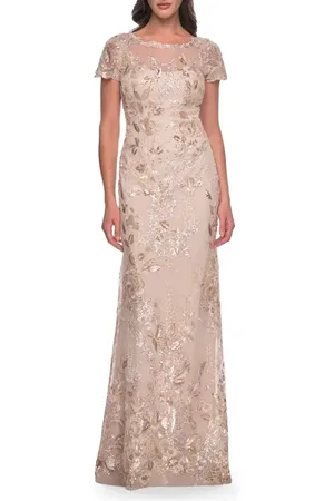 La Femme Fitted Chic Beaded Dress with Illusion Neckline and Short Sleeves in at Nordstrom, Size 16