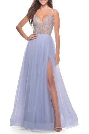 La Femme Sheer Rhinestone Bodice A-Line Tulle Gown in at Nordstrom, Size 0