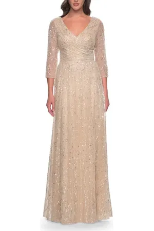 La Femme Beaded Sequin Dress with Ruched Waist and V Neckline in at Nordstrom, Size 8