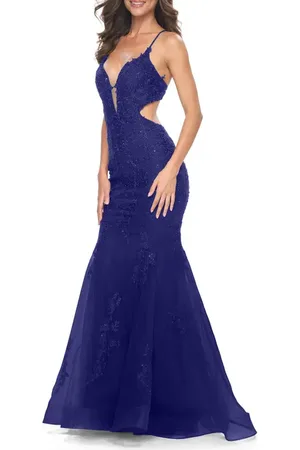 La Femme Lace and Tulle Mermaid Gown with Side Cut Outs in Jewel Tones in at Nordstrom, Size 4
