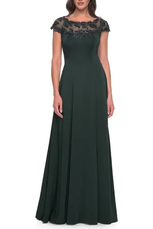 La Femme A-Line Satin Dress with Stunning Beaded Neckline and Short Sleeves in at Nordstrom, Size 16