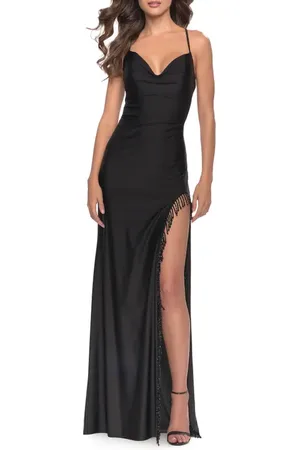 La Femme Fringe Beaded Slit Jersey Gown with Lace Up Back in at Nordstrom, Size 00