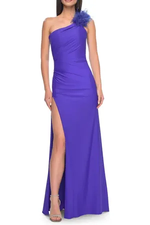 La Femme One Shoulder Jersey Gown with Feather Detail in at Nordstrom, Size 12