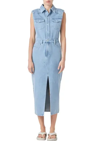 Grey Lab Power Shoulder Sleeveless Denim Shirtdress in at Nordstrom, Size Large