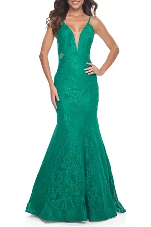 La Femme Long Mermaid Lace Dress with Back Rhinestone Detail in at Nordstrom, Size 14