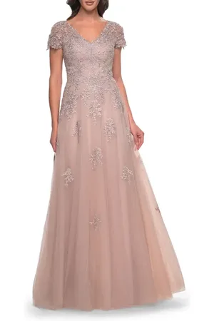 La Femme A-Line Tulle Gown with Lace Applique and Short Sleeves in at Nordstrom, Size 14