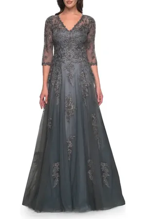 La Femme Beautiful A-Line Tulle and Lace Dress with Sheer Sleeves in at Nordstrom, Size 6