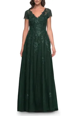 La Femme A-Line Dress with Lace Applique and Sheer Short Sleeves in at Nordstrom, Size 6