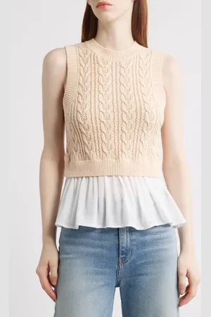 525 America Camilia Mixed Media Cable Stitch Cotton Sweater Vest with Peplum in at Nordstrom, Size X-Small