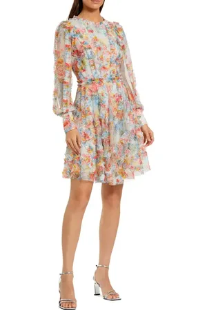 Mac Duggal Printed Floral Mesh Ruffle High Neck Mini Dress in at Nordstrom, Size 8