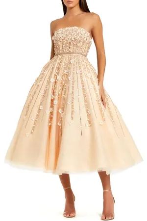 Mac Duggal Embellished Lace Strapless Midi A Line Dress in at Nordstrom, Size 10