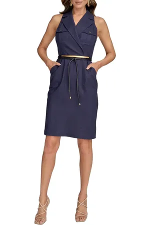 Donna Karan Belted Sleeveless Linen Blend Denim Dress in at Nordstrom, Size 8