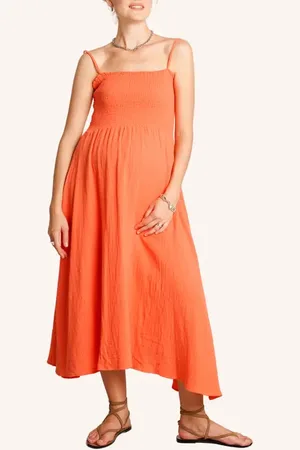 Nom Maternity Smocked Cotton Gauzy Midi Maternity Dress in at Nordstrom, Size Large