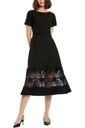 Mac Duggal Crepe Boat Neck Belted Lace Illusion Midi Dress in at Nordstrom, Size X-Large