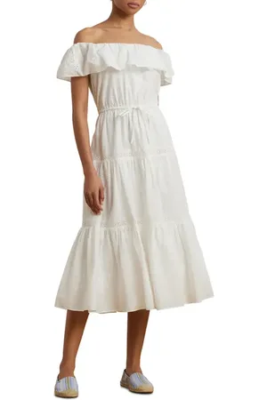 Ralph Lauren Eyelet Off the Shoulder Midi Dress in at Nordstrom, Size 12