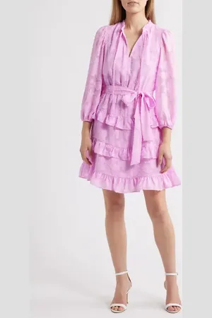 Eliza J Tie Waist Long Sleeve Tiered Dress in at Nordstrom, Size 6