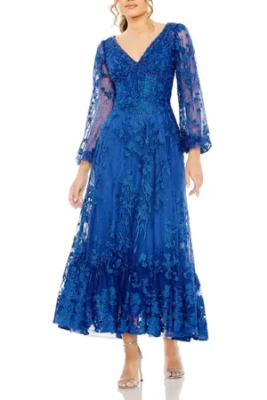 Mac Duggal V Neck Mech Puff Sleeve A Line Embellished Dress in at Nordstrom, Size 8