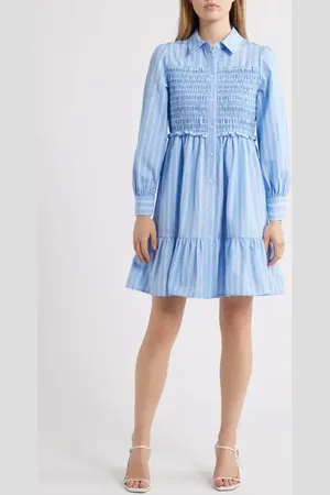Eliza J Smock Bodice Long Sleeve Shirtdress in at Nordstrom, Size 4