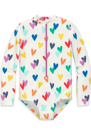 PRIMARY Kids Long Sleeve One-Piece Rash Guard In Rainbow Confetti Hearts in at Nordstrom, Size 10
