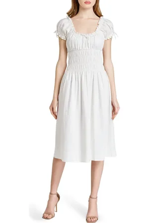 WAYF Adelina Shirred Linen Blend Midi Dress in at Nordstrom, Size Large