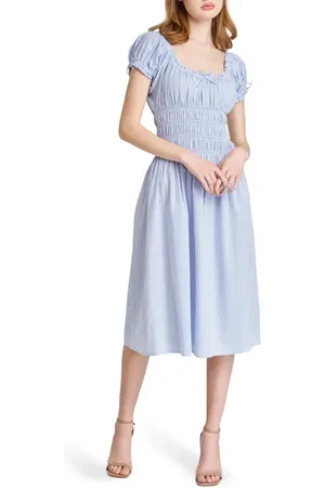 WAYF Adelina Stripe Shirred Cotton Midi Dress in at Nordstrom, Size Large