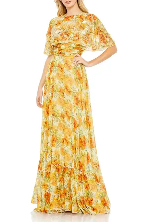 Mac Duggal Floral Print High Neck Cape Sleeve A Line Gown in at Nordstrom, Size 24