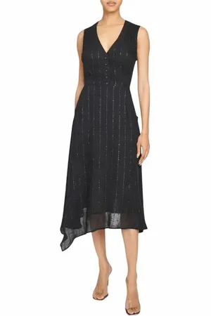 Santorelli NIA Sleeveless Midi Dress with Asymmetric Hemline and Button Details in Metallic Striped Linen in at Nordstrom, Size 12
