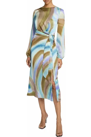 Santorelli DORIA Long Sleeve Midi Dress with Waist Tie in Abstract Swirl Print in at Nordstrom, Size 10