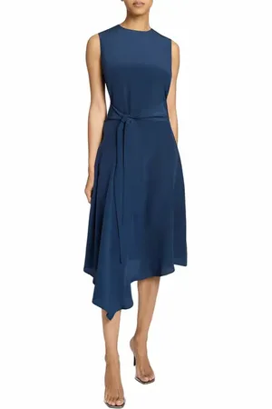 Santorelli CECILIA Sleeveless Midi Dress with Asymmetrical Hemline in Silk Crepe de Chine in at Nordstrom, Size 8