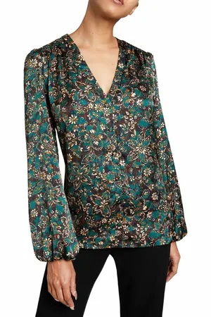 Santorelli ALEXIA Long Sleeve Buttoned Blouse in Modern Floral Print in at Nordstrom, Size 2