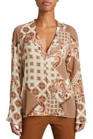 Santorelli ZURI V-Neck Blouse with Flared Long Sleeves in Printed Georgette in at Nordstrom, Size 6