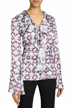 Santorelli SYDNEY Long Sleeve Button Down Blouse with Ruffles in Graphic Printed Charmeuse in at Nordstrom, Size 10